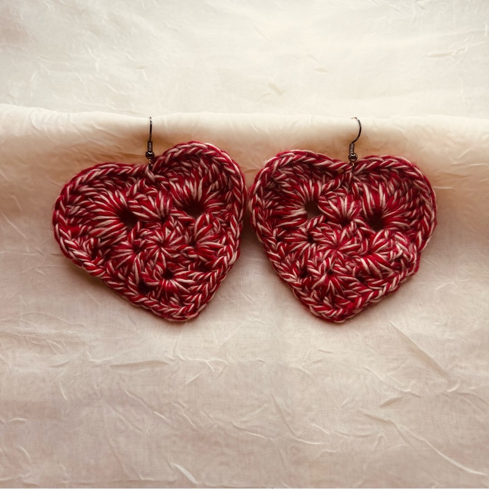 Peppermint Heart Earrings, Red & White, Crochet Jewelry, Silver-plated Wires